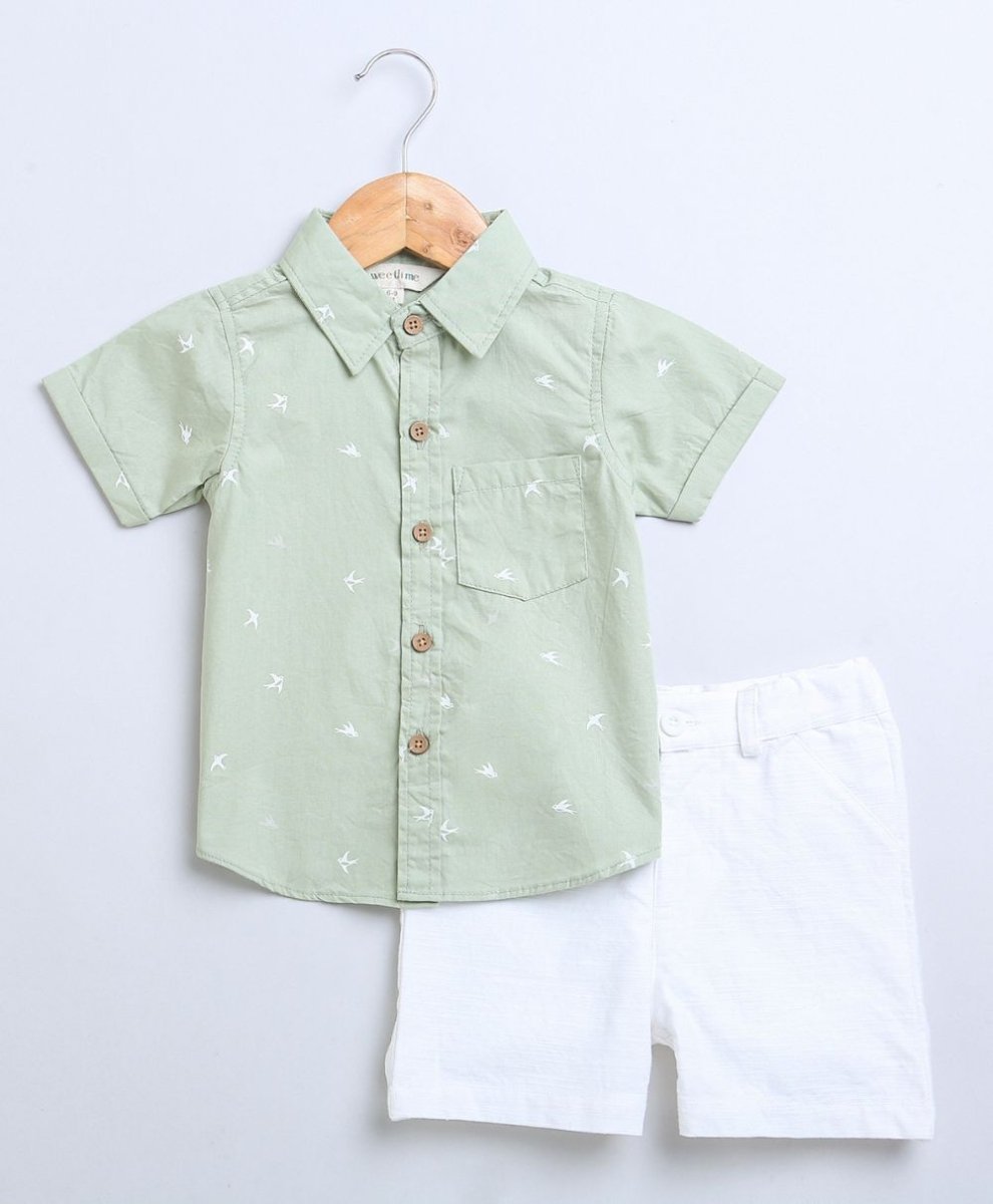 Sweetlime By AS Bird Print Cotton Poplin Boys Shirt & White Cotton Slub Shorts - SLB - Co - Set - 01049_1 - 3M