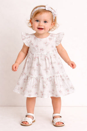 Sweetlime By AS Blossom Breeze Organic Cotton Baby Dress with Hairband – White - 0 - 3 Months