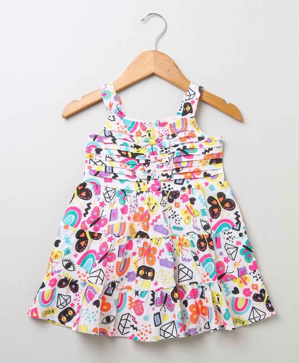 Sweetlime By AS Cat & Butterfly Printed Colourful Dress- White - SLG-SHORTS-00387_3-6M