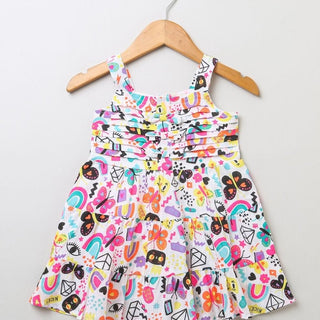 Sweetlime By AS Cat & Butterfly Printed Colourful Dress- White - SLG-SHORTS-00387_3-6M
