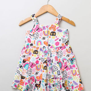 Sweetlime By AS Cat & Butterfly Printed Colourful Dress- White - SLG-SHORTS-00387_3-6M