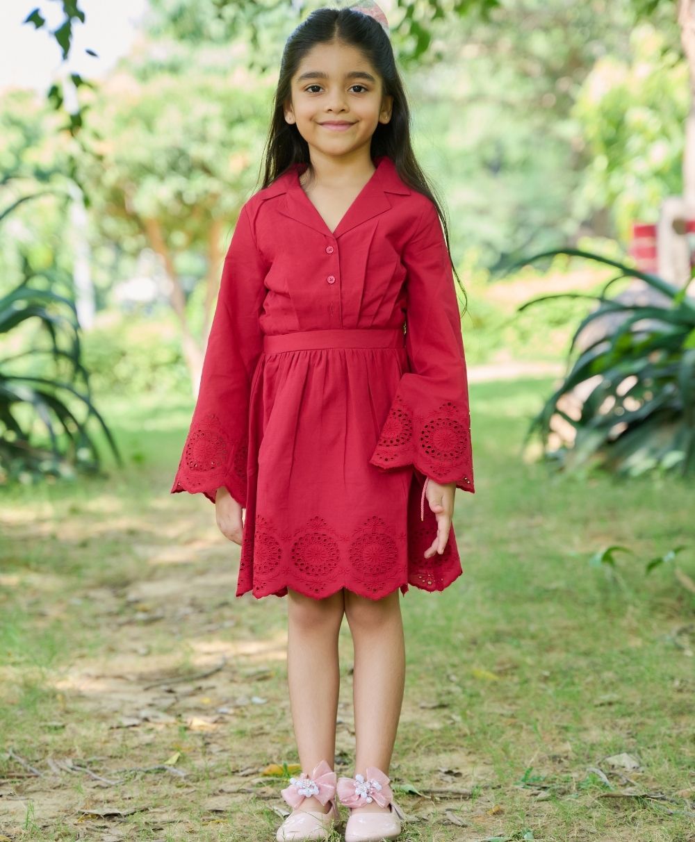Sweetlime By AS Cherry Red Flared Schiffly Dress - SLG - DRESS - 01031_3 - 4Y