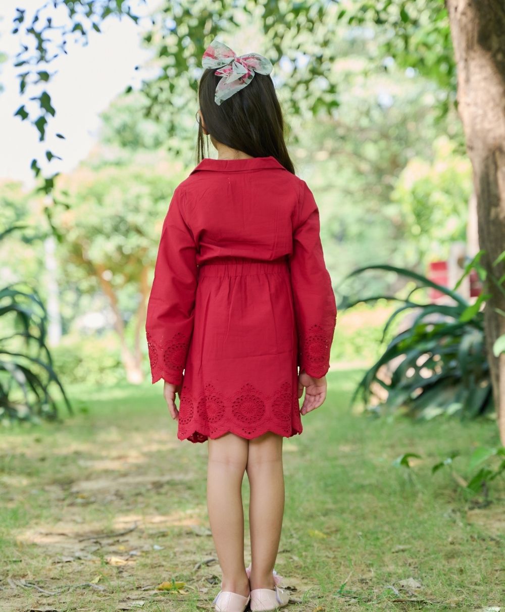Sweetlime By AS Cherry Red Flared Schiffly Dress - SLG - DRESS - 01031_3 - 4Y