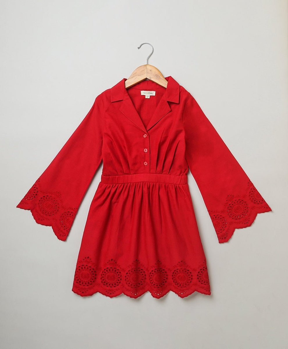 Sweetlime By AS Cherry Red Flared Schiffly Dress - SLG-DRESS-01031_3-4Y