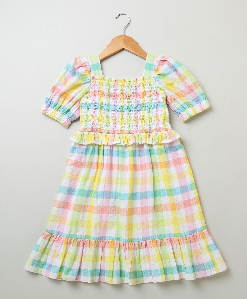 Sweetlime By AS Cotton Checkered A line Dress with smoking yoke - Multi - SLG - DRESS - 00956_2 - 3Yrs