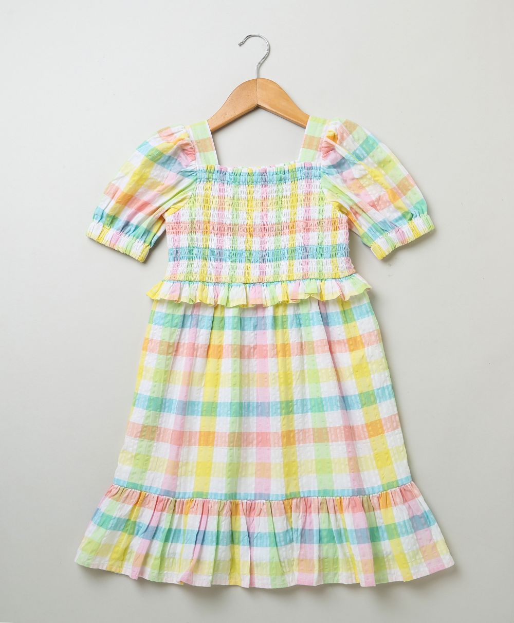 Sweetlime By AS Cotton Checkered A line Dress with smoking yoke - Multi - SLG - DRESS - 00956_2 - 3Yrs