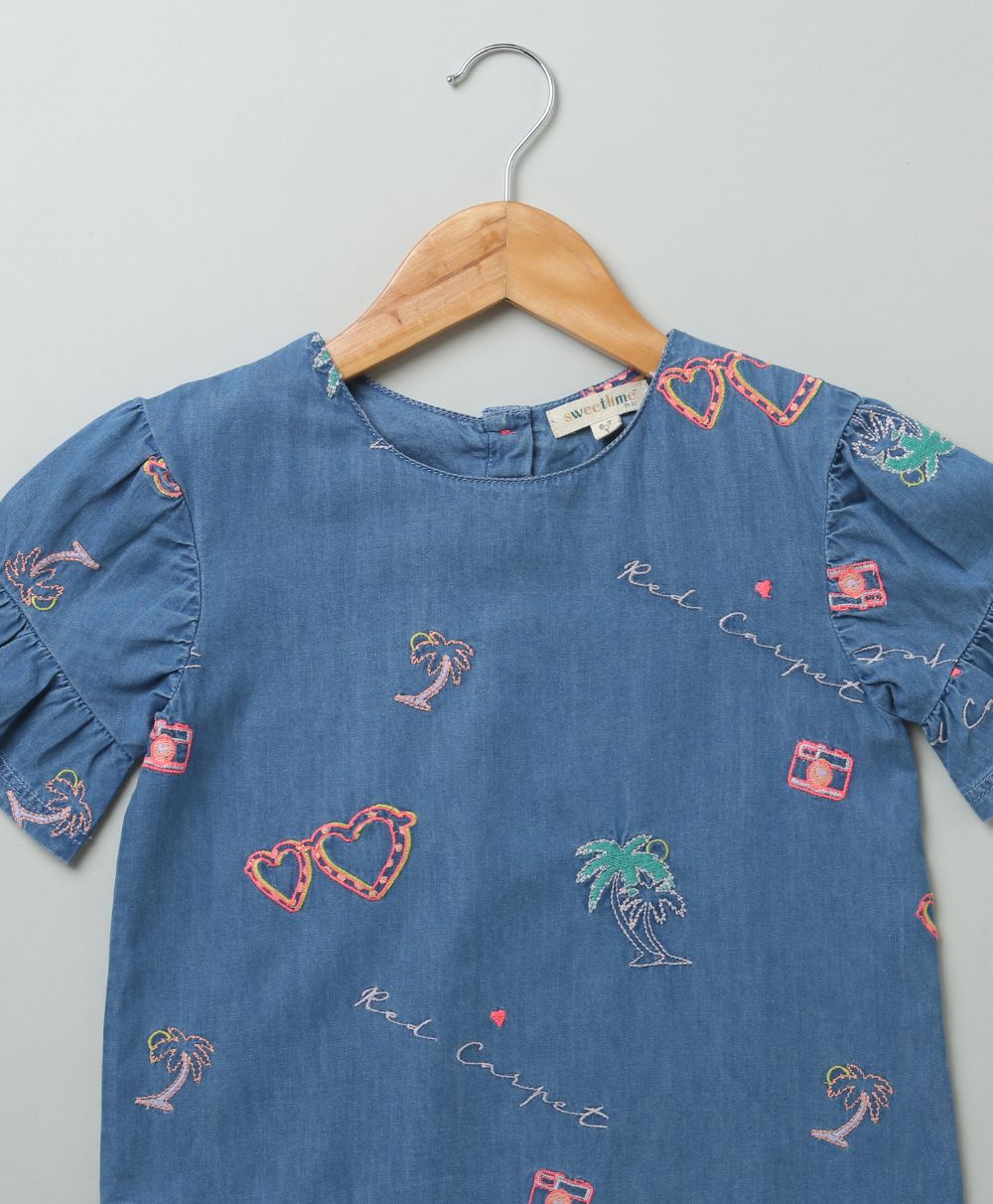 Sweetlime By AS Cotton Denim Blouse with Palm Tree and Neon Heart Embroidery. - SLG - BLS - 00340_3 - 4Y