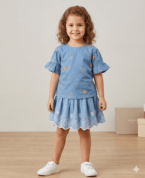 Sweetlime By AS Cotton Denim Blouse with Palm Tree and Neon Heart Embroidery. - 3 - 4 Years Girls Casual Blouse