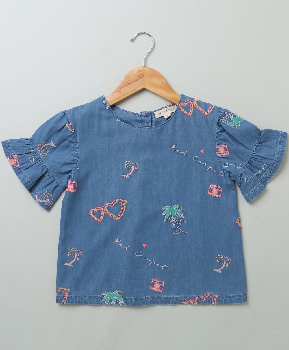 Sweetlime By AS Cotton Denim Blouse with Palm Tree and Neon Heart Embroidery. - SLG - BLS - 00340_3 - 4Y