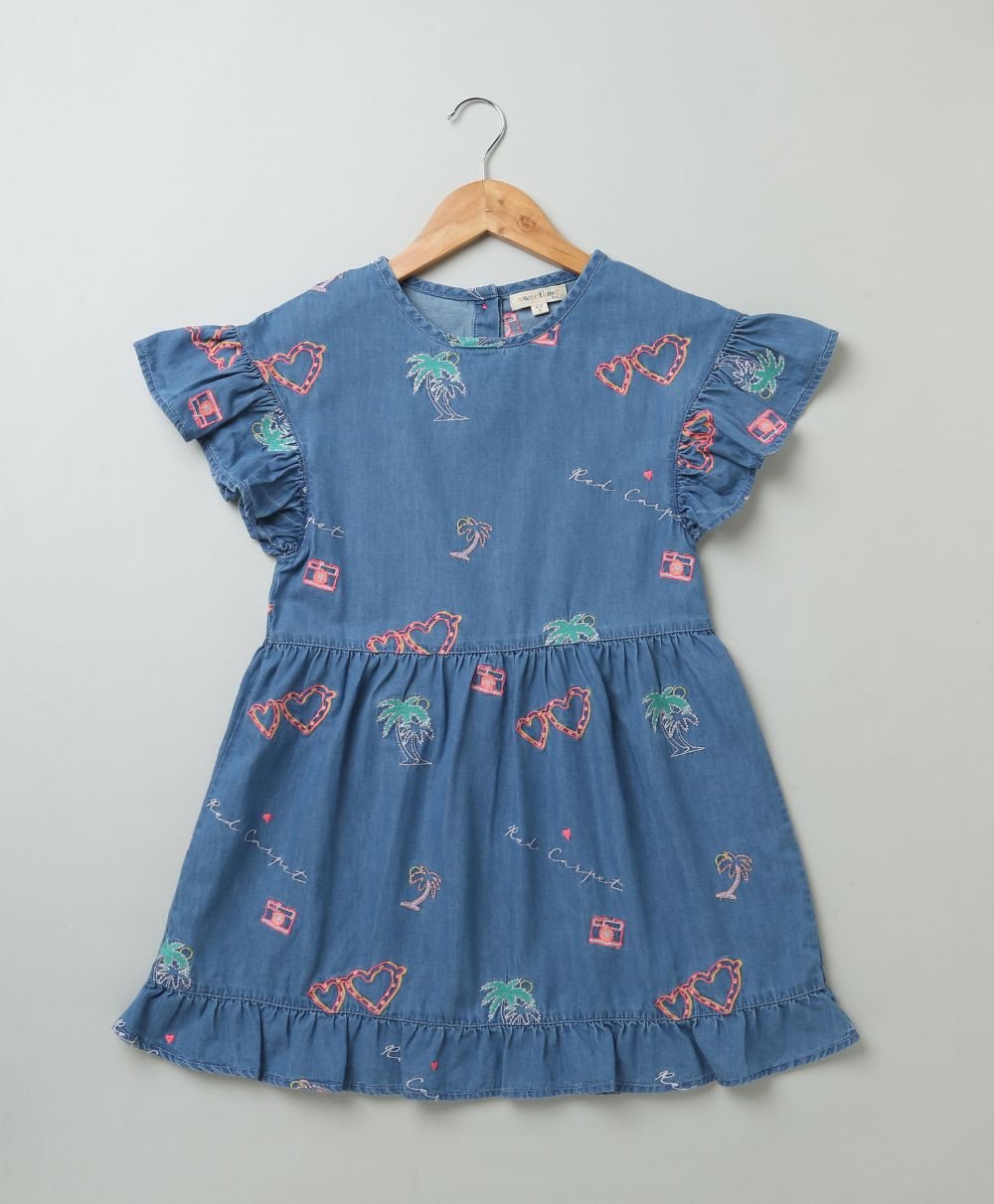 Sweetlime By AS Cotton Denim Dress with Palm Tree and Neon Heart Embroidery. - SLG - Dress - 336_2 - 3Y