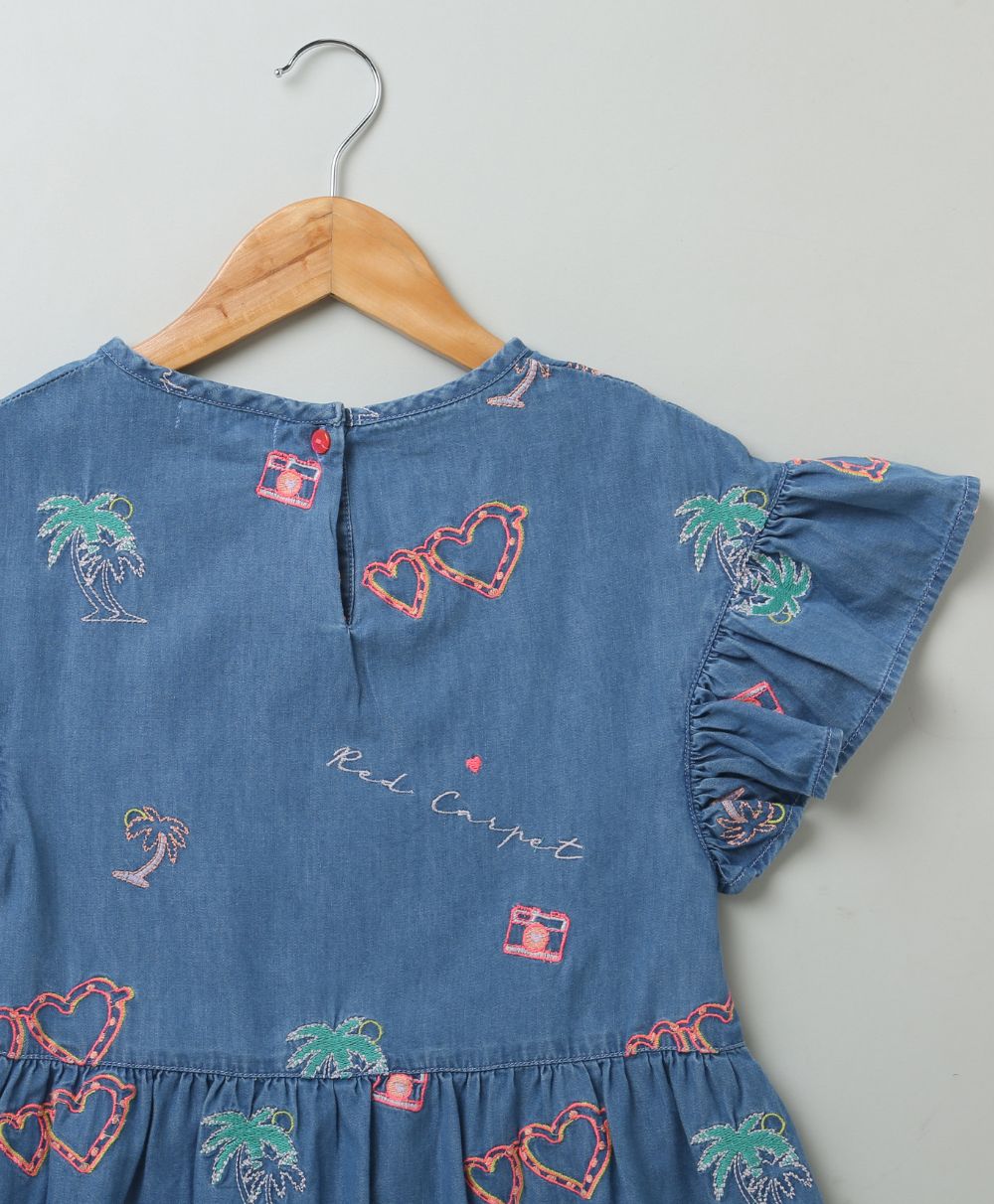 Sweetlime By AS Cotton Denim Dress with Palm Tree and Neon Heart Embroidery. - SLG - Dress - 336_2 - 3Y