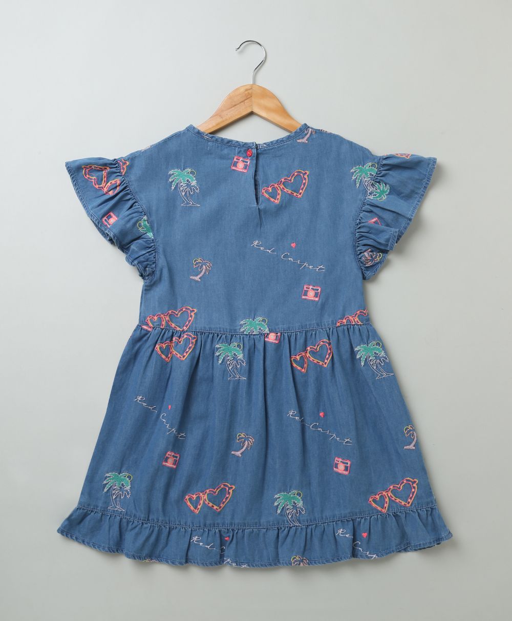 Sweetlime By AS Cotton Denim Dress with Palm Tree and Neon Heart Embroidery. - SLG - Dress - 336_2 - 3Y