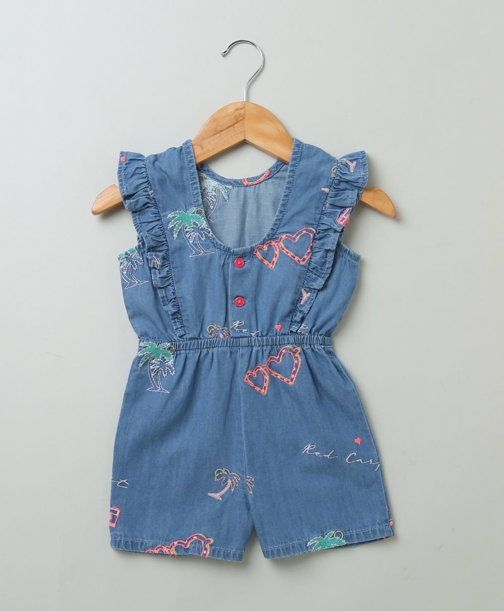 Sweetlime By AS Cotton Denim Playsuit with Palm Tree and Neon Heart Embroidery. - SLG - JPS - 00339_3 - 6M