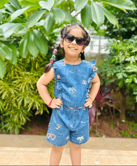 Sweetlime By AS Cotton Denim Playsuit with Palm Tree and Neon Heart Embroidery. - 3 - 6 Months Kids Dungaree set