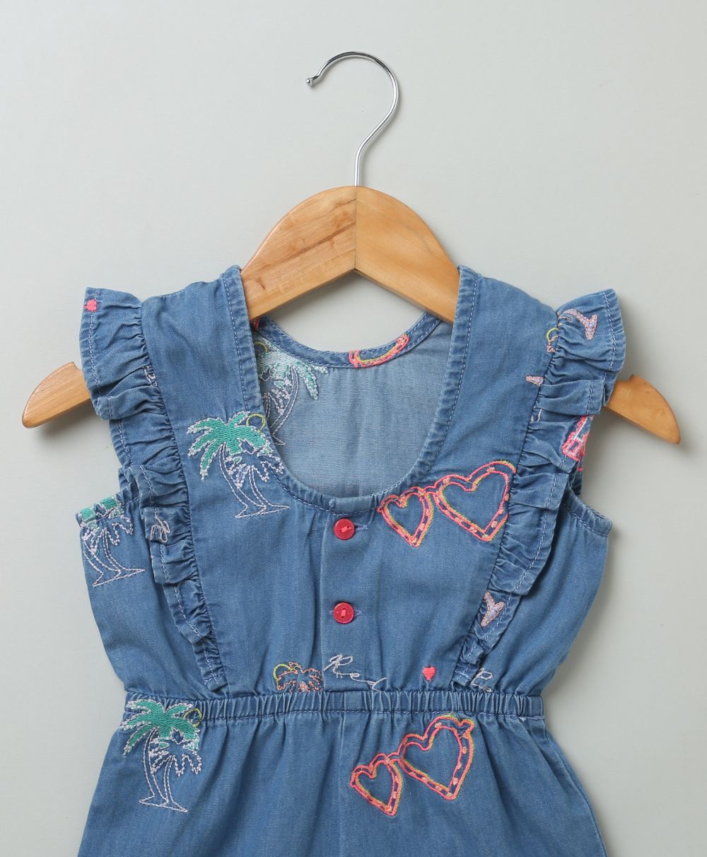 Sweetlime By AS Cotton Denim Playsuit with Palm Tree and Neon Heart Embroidery. - SLG - JPS - 00339_3 - 6M