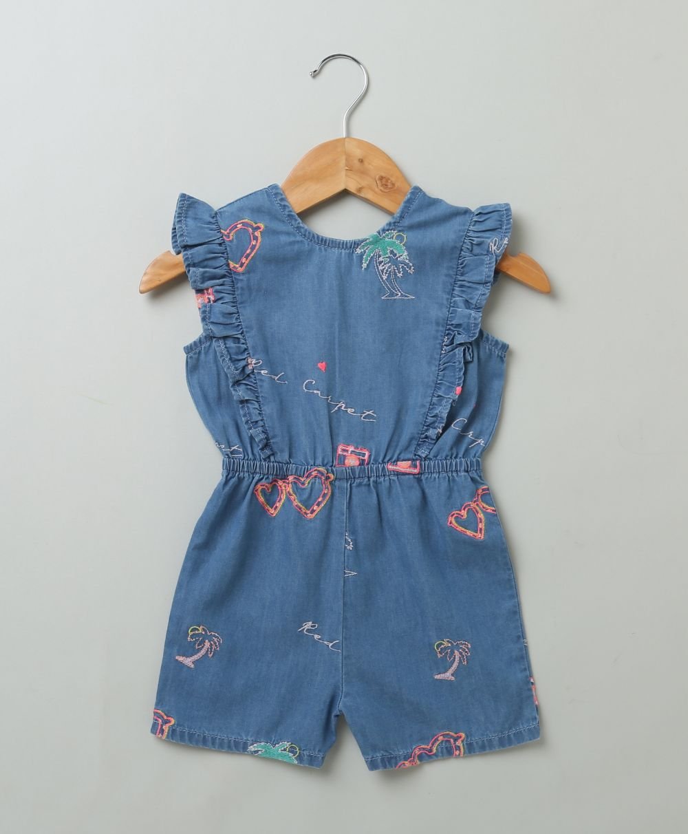 Sweetlime By AS Cotton Denim Playsuit with Palm Tree and Neon Heart Embroidery. - SLG - JPS - 00339_3 - 6M