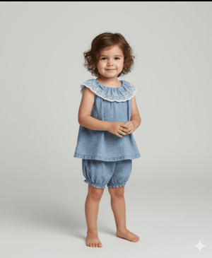 Sweetlime By AS Cotton Denim Ruffle Dress & Bloomer Set. - 3 - 6Months Kids Casual Set