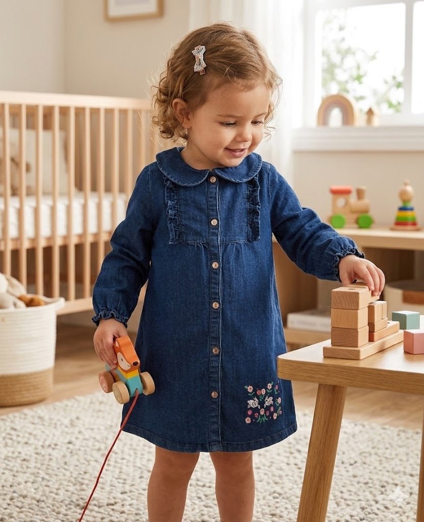 Sweetlime By AS Floral Embroidery Cotton Denim Dress  The Mom Store