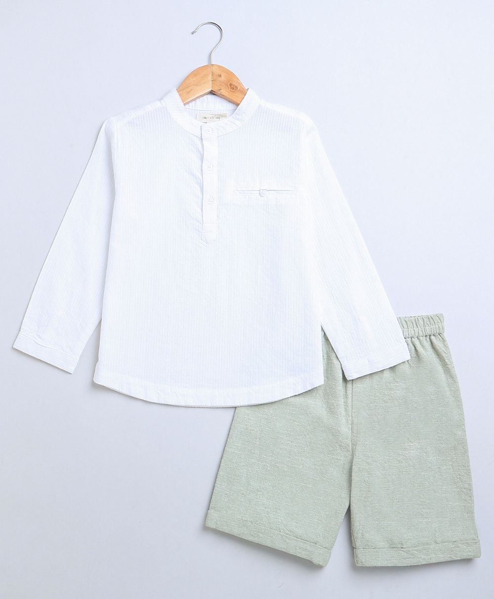 Sweetlime By AS Full Sleeves Striped Cotton Shirt & Green Cotton Slub Shorts - SLB - Co - Set - 01047_12 - 18M