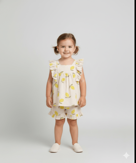 Sweetlime By AS Lemon Print Ruffle Organic Cotton Co - ord Set - 0 - 3 Months Girls Co - ord Set