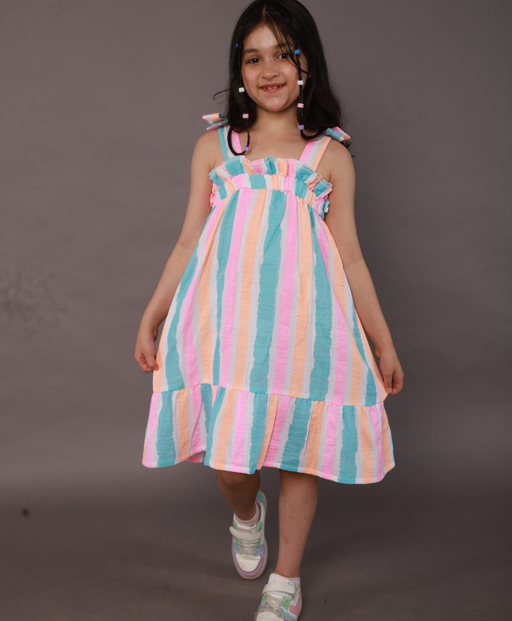 Sweetlime By AS Multicolored Striped Cotton Dress. - 3 - 4 Years Girls Casual Dresses