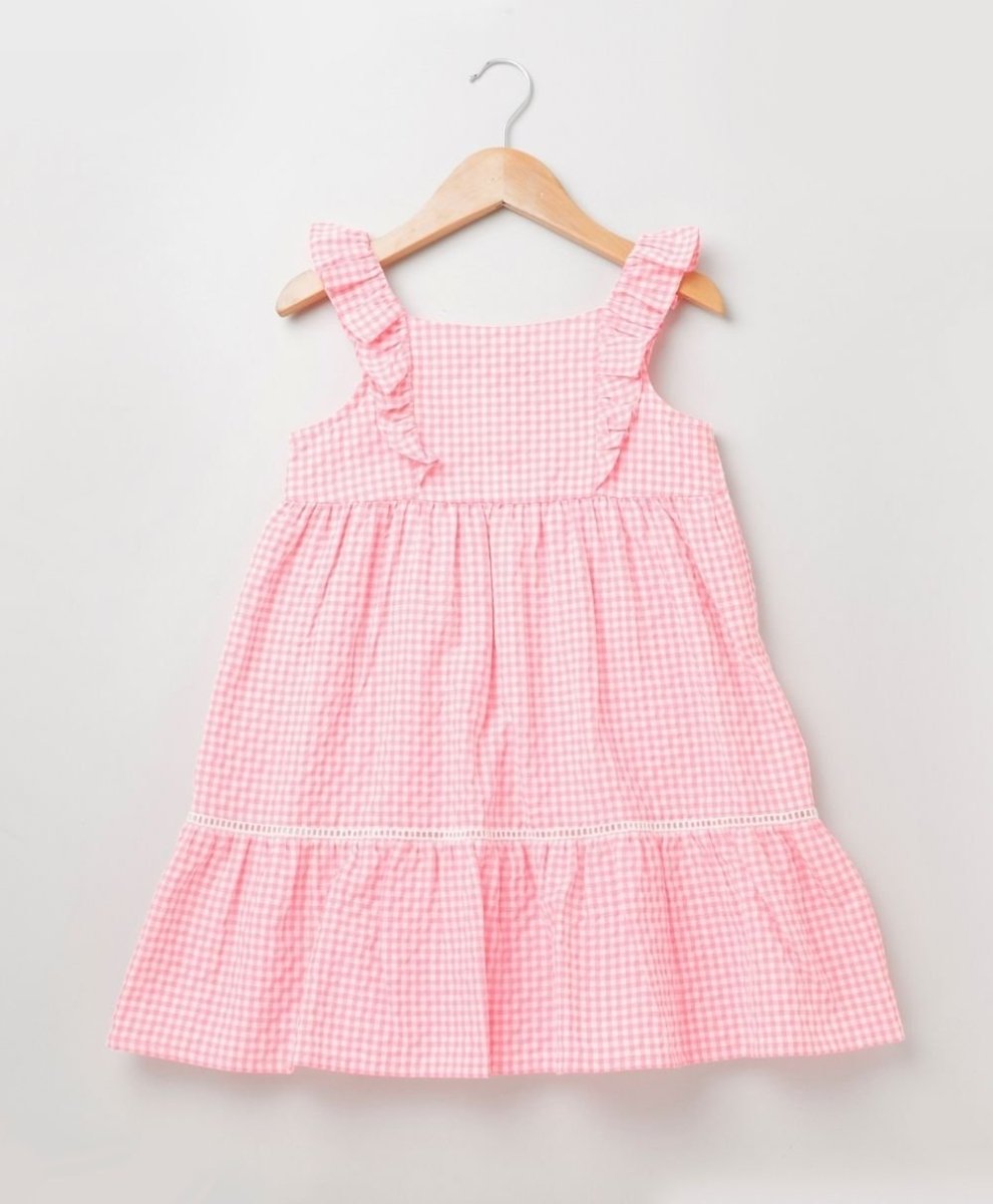 Sweetlime by AS Neon Checks Flutter Sleeves Flare Dress - Neon Pink - SLG-DRESS-256-3-4Years