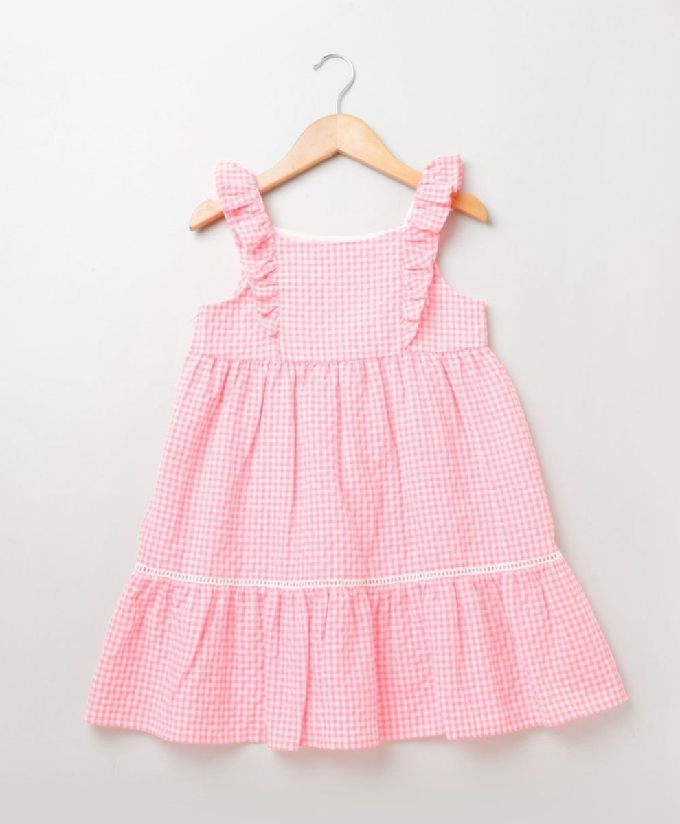 Sweetlime by AS Neon Checks Flutter Sleeves Flare Dress - Neon Pink - SLG-DRESS-256-3-4Years