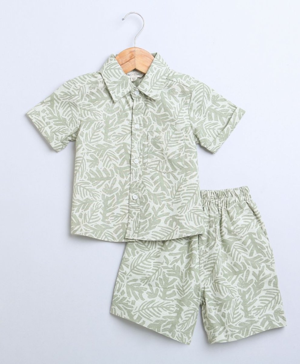 Sweetlime By AS Olive Leaf Printed Cotton Linen Shirt & Shorts Boys Co-ord Set - SLB-Co-Set-01048_1-3M