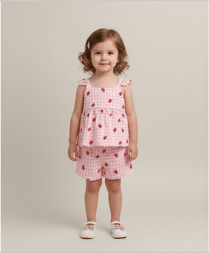 Sweetlime By AS Organic Cotton Strawberry Bliss Baby Girl Top & Shorts Set - Pink - 0 - 3 Months Girls Co - ord Set