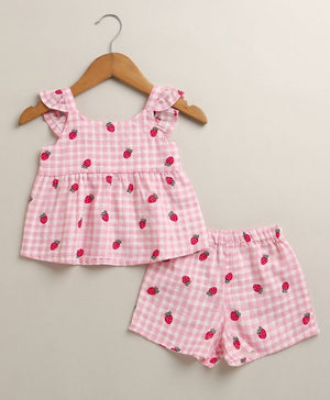 Sweetlime By AS Organic Cotton Strawberry Bliss Baby Girl Top & Shorts Set - Pink - 0 - 3 Months Girls Co - ord Set