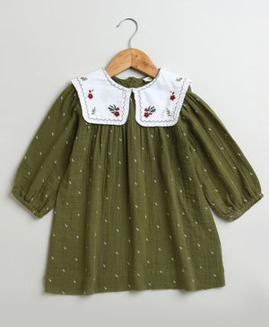 Sweetlime By AS Peter Pan Collar Olive Green Cotton Dress. - SLG - DRESS - 01156_2 - 3Y