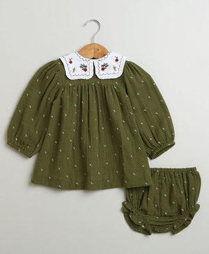 Sweetlime By AS Peter Pan Collar Olive Green Cotton Dress with a Matching Bloomer. - SLG - DRESS - 01157_0 - 3M