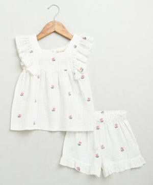 Sweetlime By AS Pink Floral Embroidery Ruffle Organic Cotton Co - ord Set - SLG - co - ord - 01193_0 - 6M
