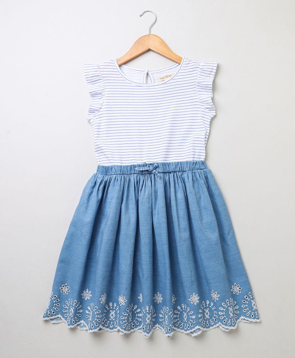 Sweetlime By As pretty broderie skirt and frill sleeve jersey mix media dress - White Blue - SLG - Dress - 00985_12 - 18M