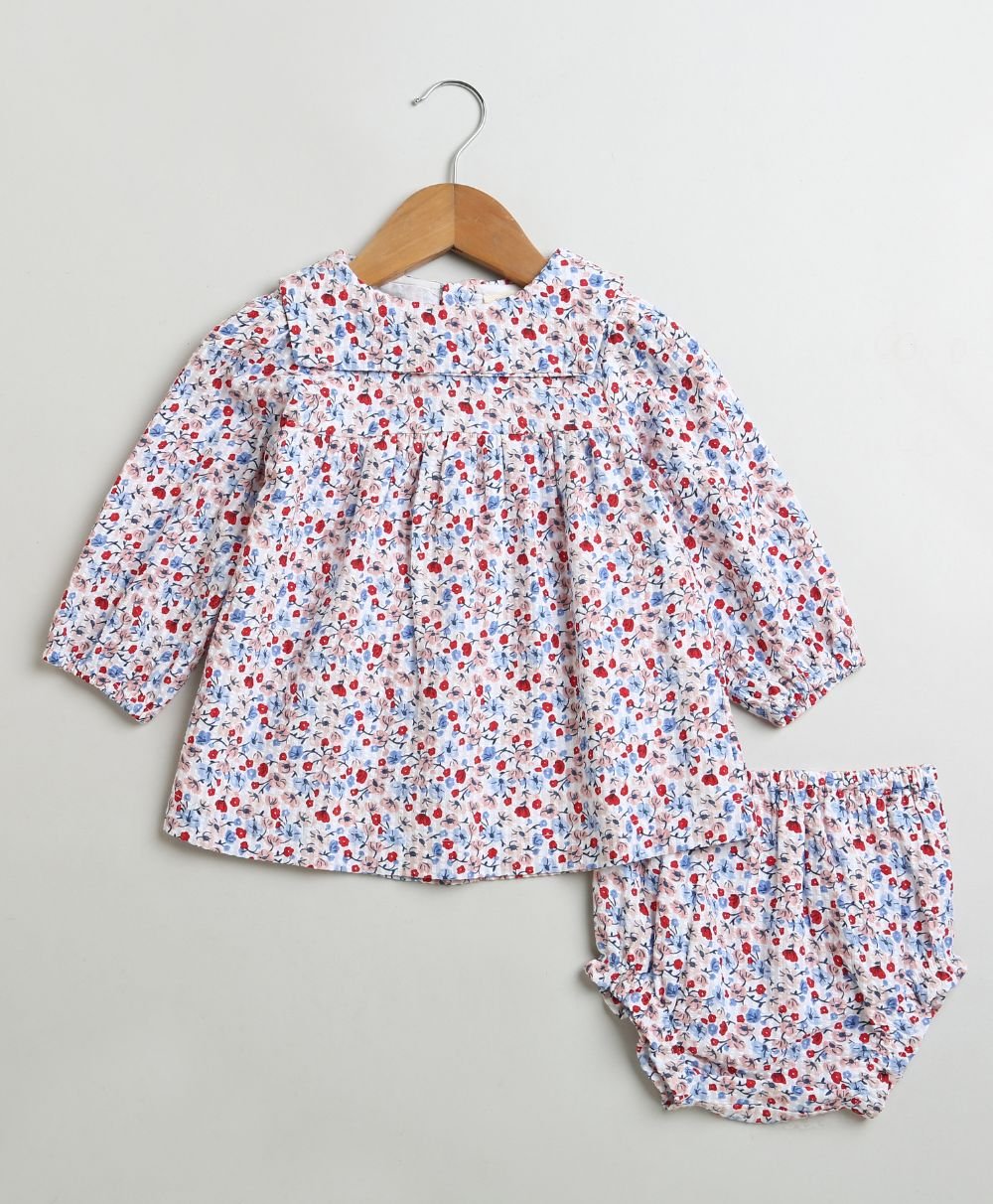 Sweetlime By AS Red & Blue Floral Print Organic Cotton Dress with a matching Bloomer. - SLG - DRESS - 01159_0 - 3M