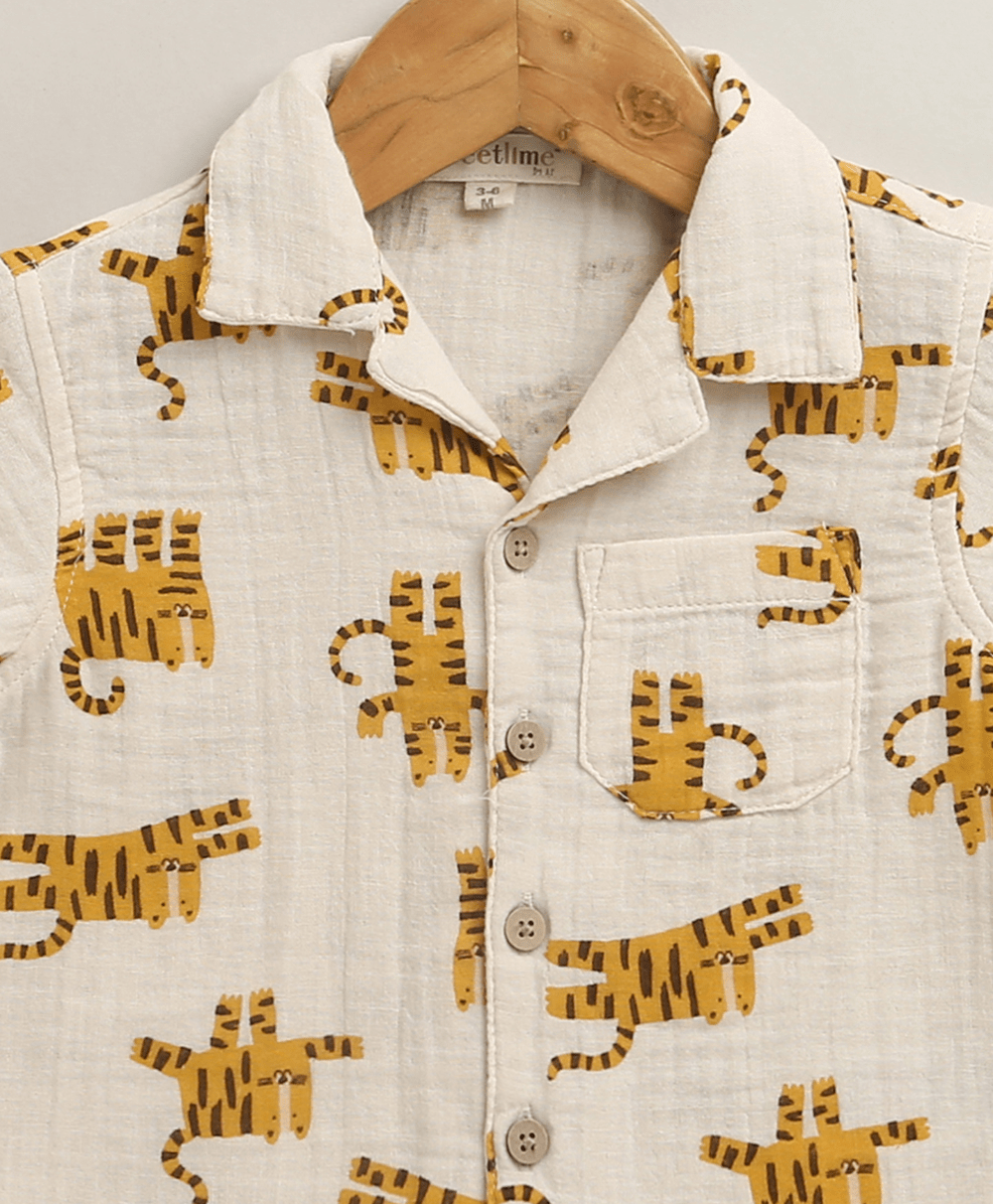 Sweetlime By AS Safari Snuggles Organic Cotton Shirt & Shorts Set – White & Yellow - 1 - 3Months Boys Casual Shorts Set