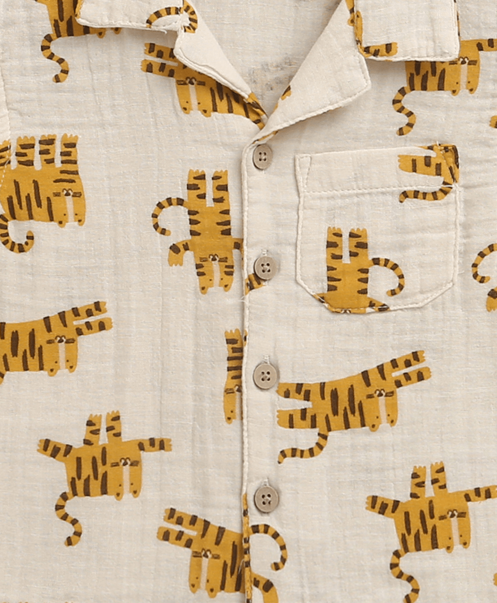 Sweetlime By AS Safari Snuggles Organic Cotton Shirt & Shorts Set – White & Yellow - 1 - 3Months Boys Casual Shorts Set