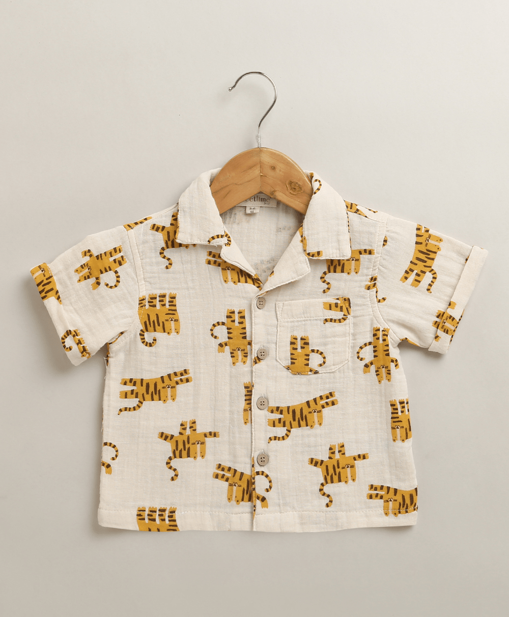 Sweetlime By AS Safari Snuggles Organic Cotton Shirt & Shorts Set – White & Yellow - 1 - 3Months Boys Casual Shorts Set