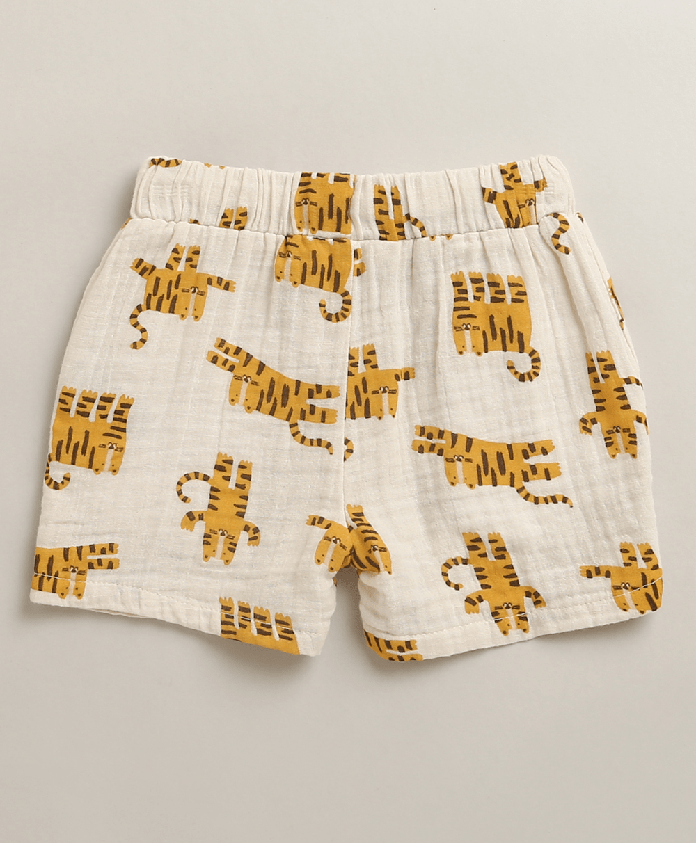 Sweetlime By AS Safari Snuggles Organic Cotton Shirt & Shorts Set – White & Yellow - 1 - 3Months Boys Casual Shorts Set