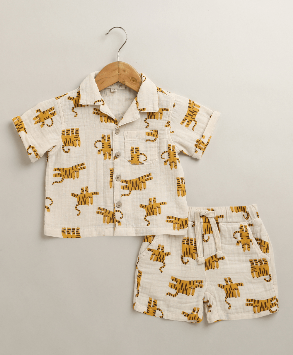 Sweetlime By AS Safari Snuggles Organic Cotton Shirt & Shorts Set – White & Yellow - 1 - 3Months Boys Casual Shorts Set