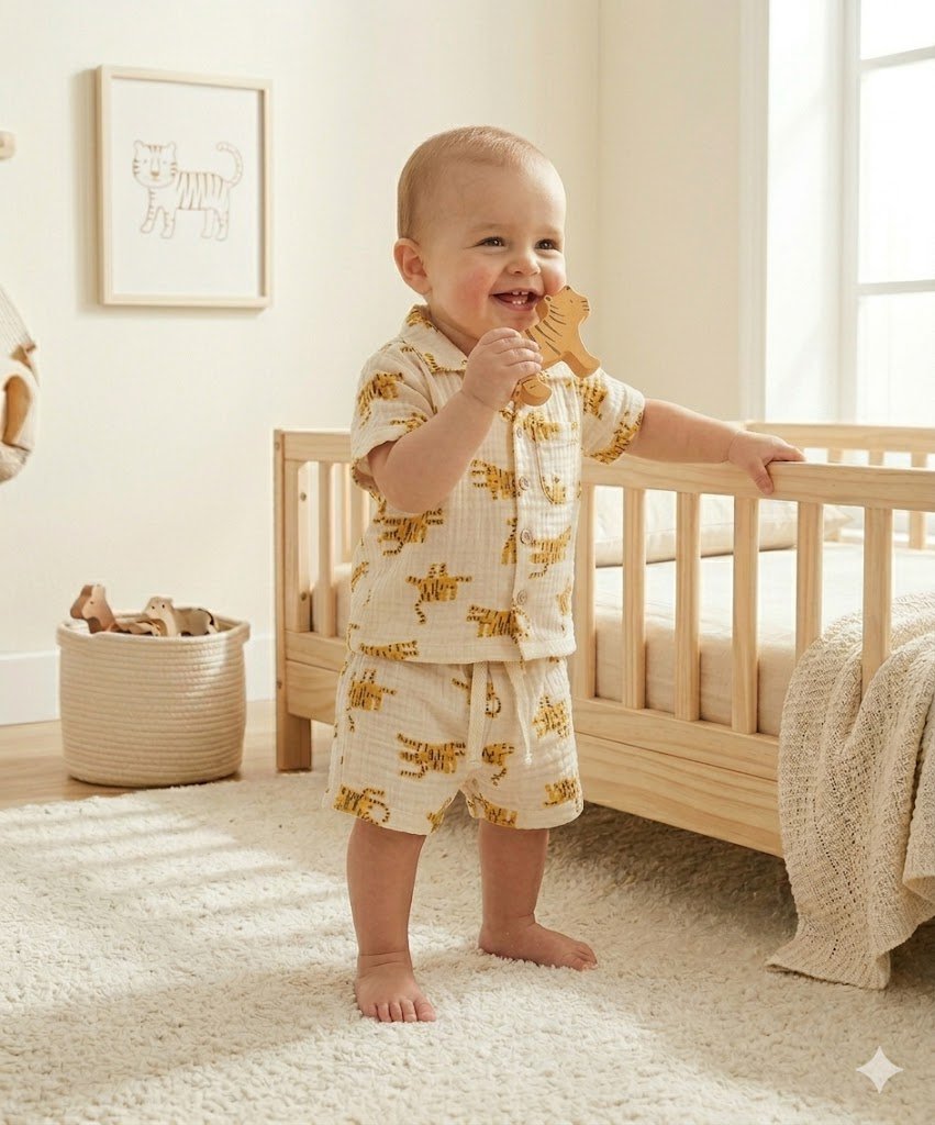 Sweetlime By AS Safari Snuggles Organic Cotton Shirt & Shorts Set – White & Yellow - 1 - 3Months Boys Casual Shorts Set