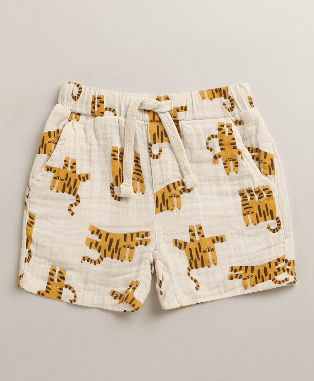 Sweetlime By AS Safari Snuggles Organic Cotton Shirt & Shorts Set – White & Yellow - 1 - 3Months Boys Casual Shorts Set
