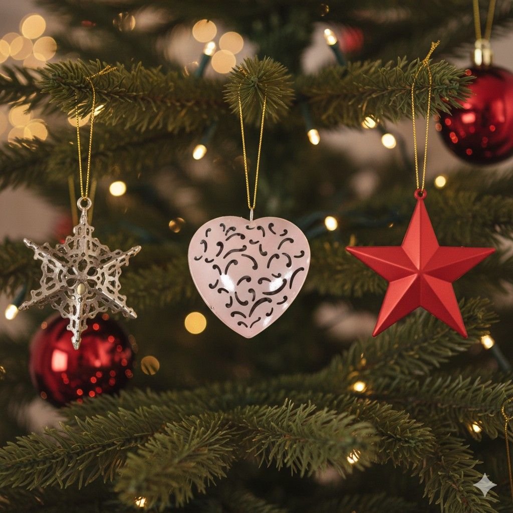 SWEN FLORIN, pack of 3 metal Christmas tree ornaments - Star, Snow flake, Heart - Tree ornament