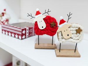 Swen LAMMAS, pack of 2 red and white Wool & Wood Festive Critters - Christmas Decor