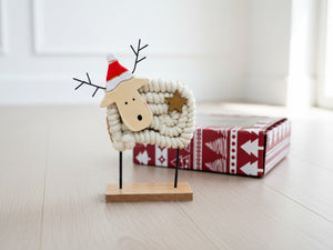 Swen LAMMAS, pack of 2 red and white Wool & Wood Festive Critters - Christmas Decor