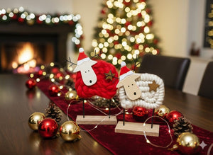 Swen LAMMAS, pack of 2 red and white Wool & Wood Festive Critters - Christmas Decor