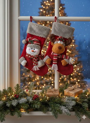 Swen OAKLEY, Pack of 2 Plush Character Christmas Stockings - Snowman stocking (red), Reindeer stocking (red) - Christmas Stockings