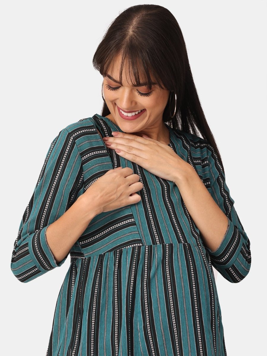 Teal and Black Stripes Cotton Maternity and Casual Dress - DRS-TLBSC-S