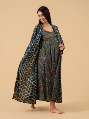 Teal-axed Maternity and Nursing Nightwear With Robe Set - Teal Maternity Nightwear Set