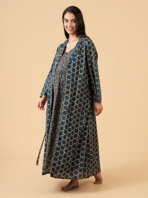Teal-axed Maternity and Nursing Nightwear With Robe Set - Teal Maternity Nightwear Set